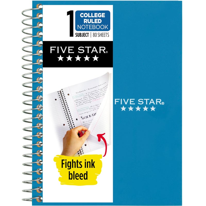 Five Star Spiral Notebook, 1 Subject, College Ruled Paper, Personal Size, 4-3/8"" x 7"", 80 Sheets, Fights Ink Bleed, Water Resistant Cover, Tidewater Blue (450048CG1-ECM) - Image 1